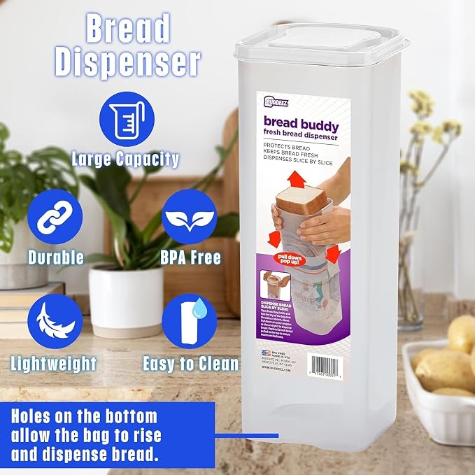 Buddeez Bread Buddy Bread Storage Container, White, 2-Pack | Helps keep bread fresh and organized, Fits standard sandwich loaves, Slice-by-slice dispensing