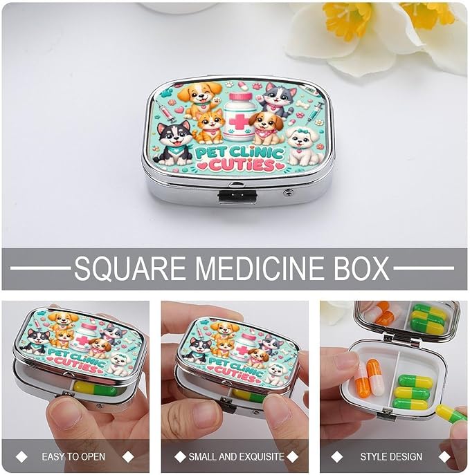 Cute Pet Clinic Playtime Party Two Compartment Pill Box Medicine Organizer, Portable Pill Case with Secure Snap Closure for Vitamins Medication Supplements Daily Use
