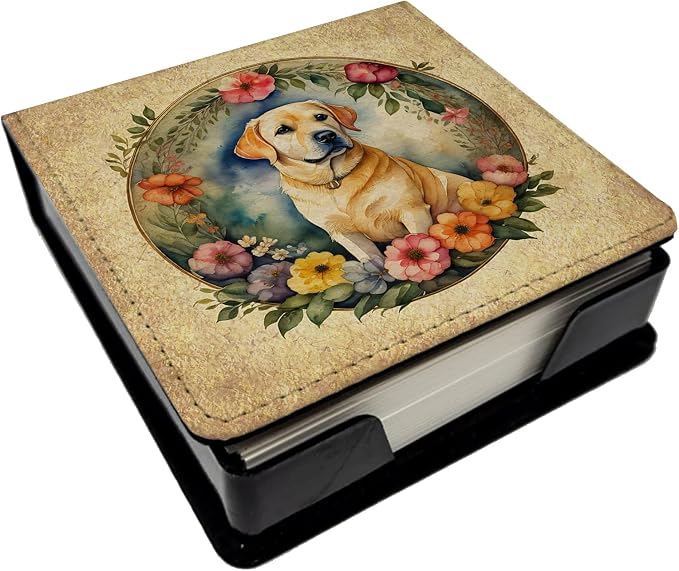 Caroline's Treasures Yellow Labrador Retriever and Flowers PU Leather Note Paper Holder with Artist-Designed Cover, Desk Accessory, Office Gift