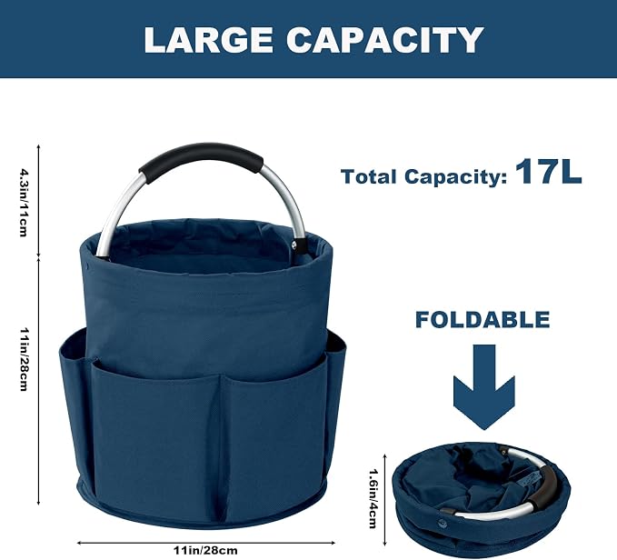 Cleaning Caddy with Handle, 17L Foldable Cleaning Supplies Organizer, Portable Storage Basket, Cleaning Supply Caddy, Multifunctional Cleaning Bucket Bag for Garden, Home, Kitchen (Blue)