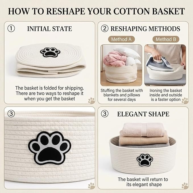 Woven Basket,Dog Toys Basket with Handle,Cute Cotton Gift Baskets Empty for Puppy Leash,Blanket Food, Accessories Pet and Household Storing