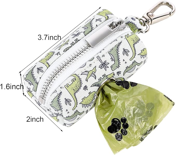 ARING PET Dog Waste Bag Dispenser, Cotton Doggy Poop Bags Holders Attach to Any Leashes, Portable Washable Dinosaur Pet Waste Pouch Dispenser with Metal Zipper