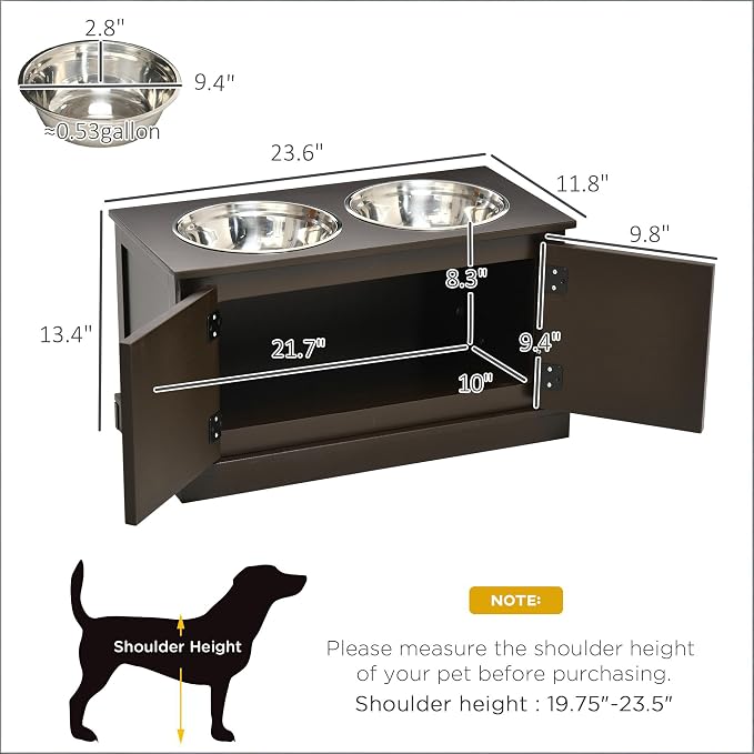 Dog Feeding Station with Storage, 2 Stainless Steel Bowls, Coffee, Elevated Dog Bowl Holder, Dog Feeder Stand, Wooden Dog Food Organizer for Indoor, Dog Food Storage Cabinet