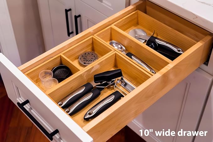 Drawer Organizer Storage Boxes, 2.5" High Bamboo Drawer Dividers, 5 Rearrangeable Bins for Kitchen, Office Desktop, Clothing, Makeup, vanity, Jewelry