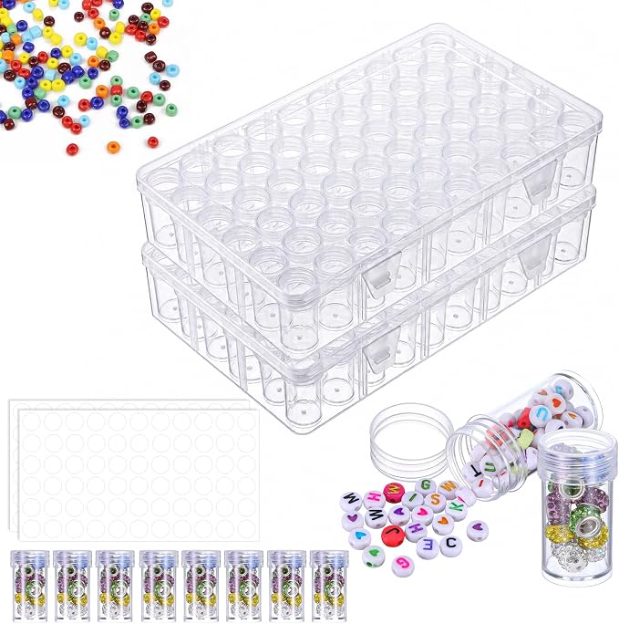 2 Pack 60 Grids Bead Organizers and Storage Diamond Art Storage | Durable Pet Material, Portable Diamond Art Storage, Small Storage Container, for Beads Seeds Glitter Rhinestones
