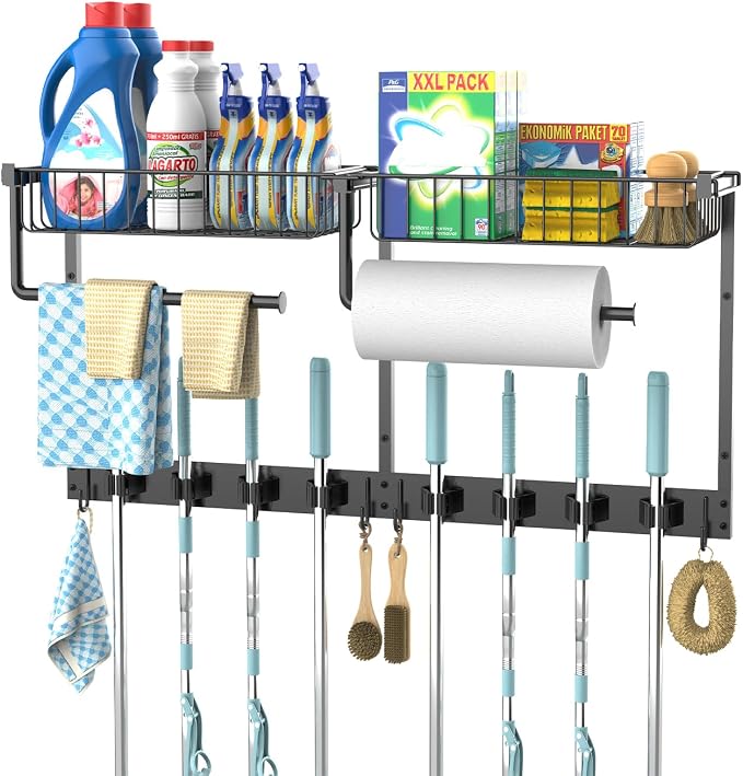 Broom Holder Wall Mount with Paper Towel Holder& Removable Anti-fall Basket | Broom and Mop Organizer Wall Mount Cleaning Supplies Organizer for Laundry Room, Apartment, Utility Room