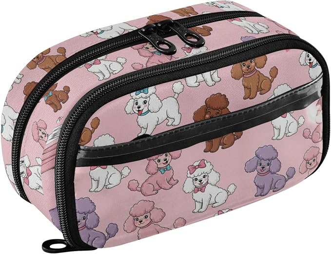 Cute Pets Poodles Pink pattern Large Capacity Pencil Case with Zipper Water Resistant Portable Organizer Pen Bag for Office School Students