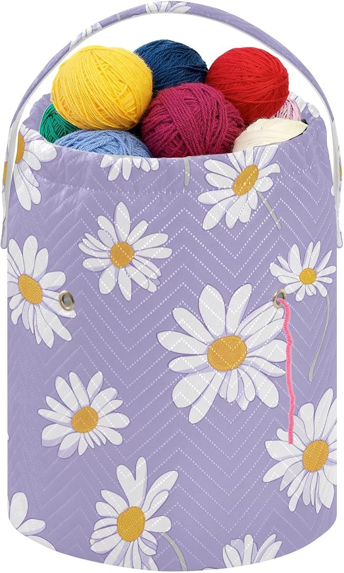 Fustylead Cute Daisy on Light Purple Background Yarn Crochet Tote Basket, Large Knitting Drawstring Organizer Yarn Storage Bag for Crocheting Project, Sewing Supplies, Yarn Balls, Needles