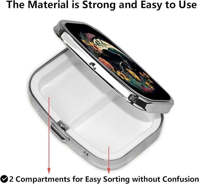 ABLESKY Pill Box, 2 Compartment Pill Organizer Case for Pocket or Purse, Small Portable Metal Travel Medicine Box with Mirror, Daily Vitamins Fish Oil Container-Dark Night Moon Flower Cat