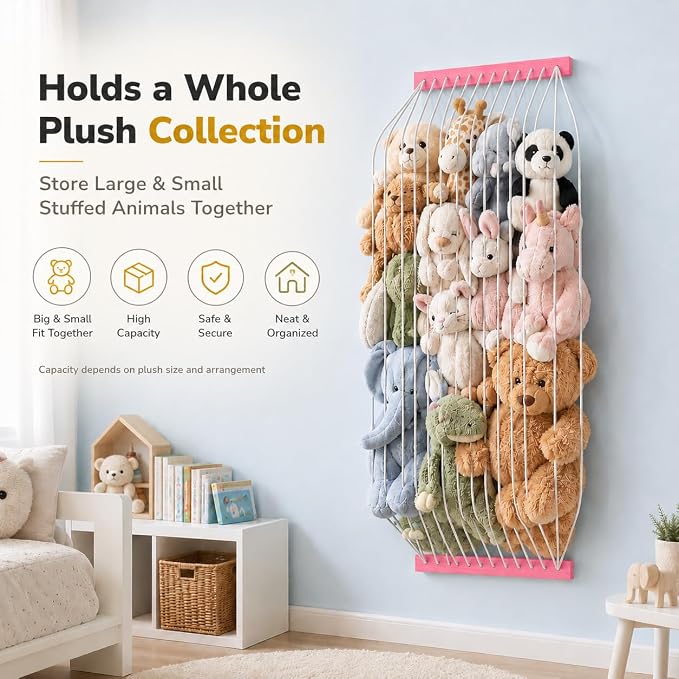Stuffed Animal Storage Wooden Soft Toy Storage for Kids Room，Wall Mount Door Hanging Stuffed Animal Toy Organizer Shelf for Nursery Play Room Pink -Patent