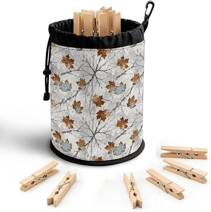 Large Capacity Clothespin Bag with Hanging Hook Bare Branch Maple Leaf Waterproof Clothes Pin Hanging Bag Clothespin Storage Organizer with Large Opening