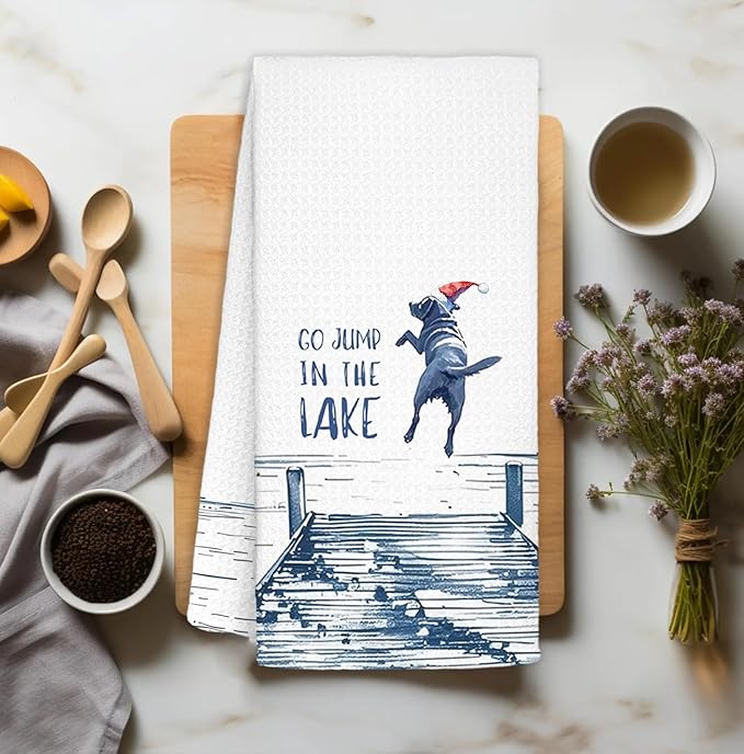 Christmas Lake House Decor Dish Towels,Lake House Gifts,Funny Lake Dog Kitchen Towels Decorative,Dog Lover Mom Gifts Hand Towels Drying Cloth for Kitchen Bathroom Decor,16x24 Inch