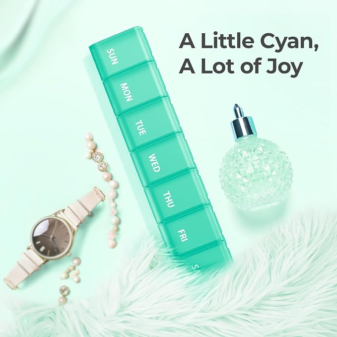 AUVON Weekly Pill Organizer with Effortless Opening Design, BPA-Free | Arthritis Friendly Pill Box, Cute Pill Organizer 7 Day, Portable Pill Case for Vitamins, Supplements and Medications, Cyan
