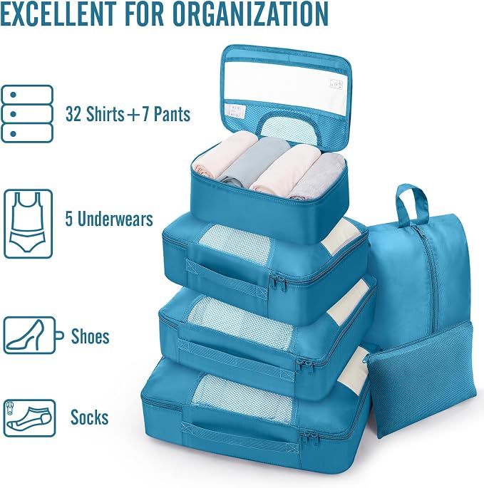 Veken 8 Set Packing Cubes for Travel Essentials, Suitcase Organizer Bags in 4 Sizes, Carry-On Luggage Accessories with Laundry Bag, Airplane Must Have with 99-Count Mesh Holes
