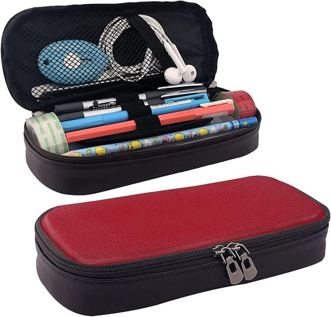 Leather Pen Case with Zipper - Aesthetic Pen Holder Amaranth red Pencil Case for Women & Men - Handcrafted Pencil Bag Multi-Functional Travel Cosmetic Case for Work Office Tool Pouch