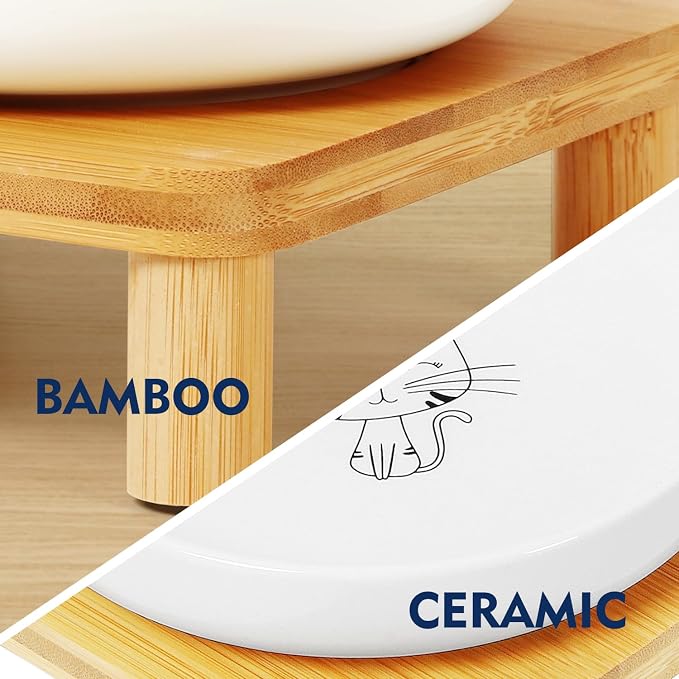 DoogCat Raised Cat Bowl, Elevated Cat Bowls with Bamboo Stand, Set of 2 | Premium Ceramic Bowls, Adjustable Height, Whisker-Friendly Design, Elevated Feeding, Easy to Clean