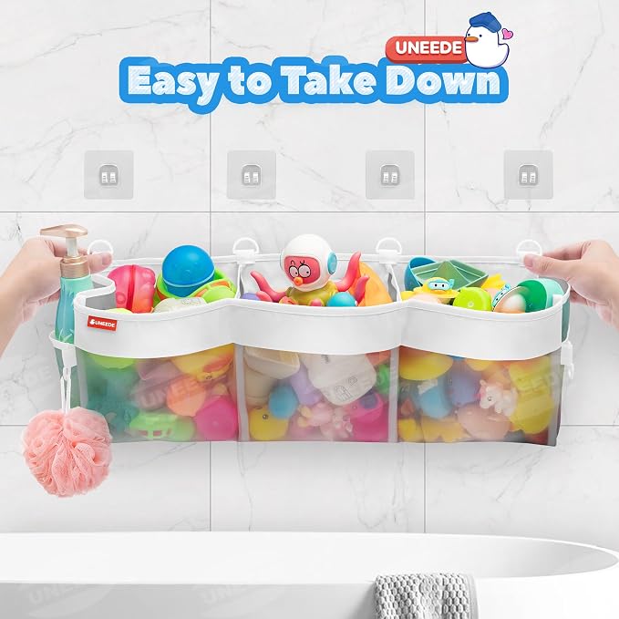 UNEEDE 4.95 Gallons 3 Compartment Horizontal Bath Toy Storage | Bathtub Toy Storage Organizer,Bath Toy Holder For Bathtub,Baby Bath Toy Organizer For Tub,Mesh Shower Caddy(Gray)