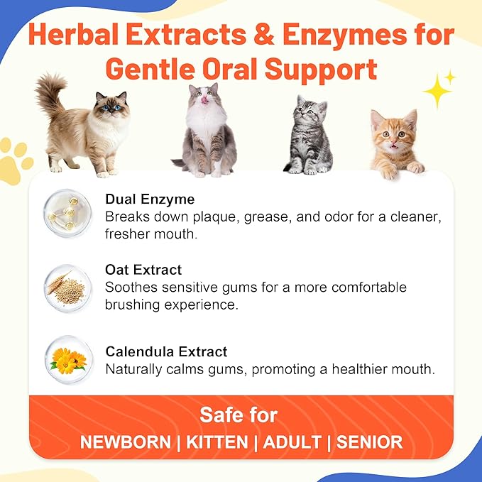 Cat Toothbrush and Toothpaste Kit - Salmon Flavor Enzymatic Cat Toothpaste for Plaque & Tartar Control - Includes a Long Handle Brush & a Soft Silicone Finger Brush for Felines, 1.06 oz