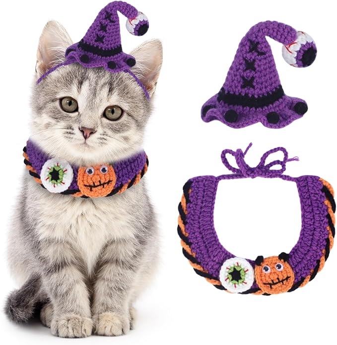 Kunyeah Halloween Pet Costume Set for Cats Small Dog Adjustable Knitted Hat Scarf Pumpkin & Witch Print Puppy Bib Cute Crochet Cat Collar Cap Pet Apparel Outfit (Purple-Eyes)
