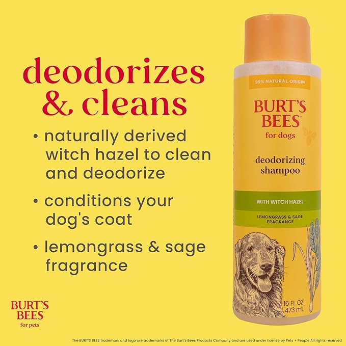 Burt's Bees for Pets Deodorizing Dog Shampoo with Witch Hazel, Lemongrass and Sage Scent, 95% Natural Origin, pH Balanced, No Sulfates or Parabens, for Smelly Dogs, 16 Fl Oz
