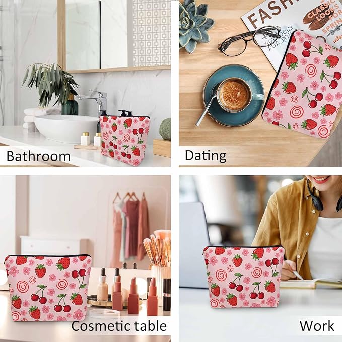 Strawberry Makeup Bags Makeup Organizer, Summer Strawberries Cherries Pink Flax Toiletry Bags Travel Cosmetic Bag Makeup Purse Pouch Skincare Bag Wallet Bags For Women Female Mom Daughter