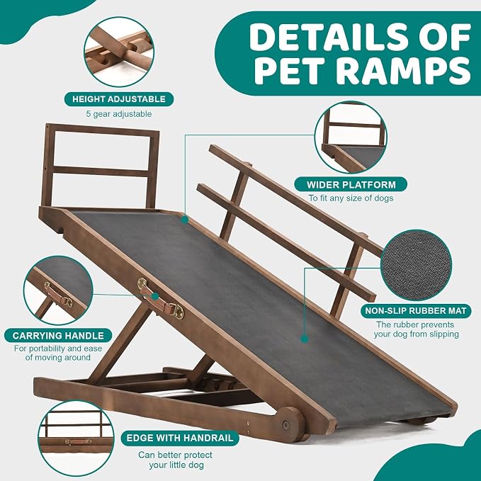 Dog Ramp for Bed & Couch, Foldable Wooden Pet Ramp, 5 Adjustable Heights | Height up to 31", Portable Dog Ramp with Non-Slip Rubber Surface & Safety Railings, Pet Ramp for Small, Large, Senior Dogs