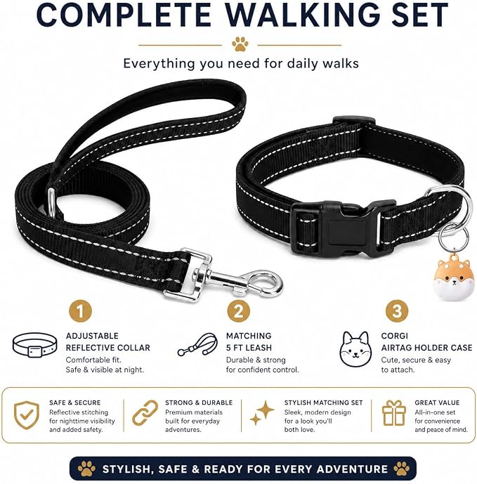 Reflective Soft Neoprene Padded Matching Dog Collar with Leash Airtag Holder Case Set Safety Breathable Adjustable Nylon Dog Collars for X-Small Small Medium Large Dogs-Black-S