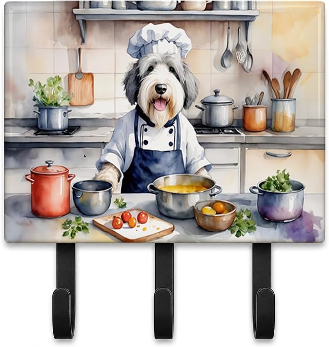 Caroline's Treasures Old English Sheepdog The Chef Leash or Key Holder Wall Hooks, Key Hooks Holder, Coat Rack Wall Mount, Coat Hooks, Hooks for Hanging Keys, Towels, Aprons, Leashes | Old English Sheepdog The Chef artwork on ceramic tile with three st...