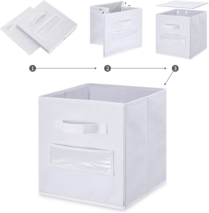 Fabric storage cubes (Set of 10) 11 Inch Cube Storage Bin, cube storage with 8 Labels Window Cards & a Pen, Foldable cube organizer bins, 11x11 storage bin, Cubby Organizer bins, White