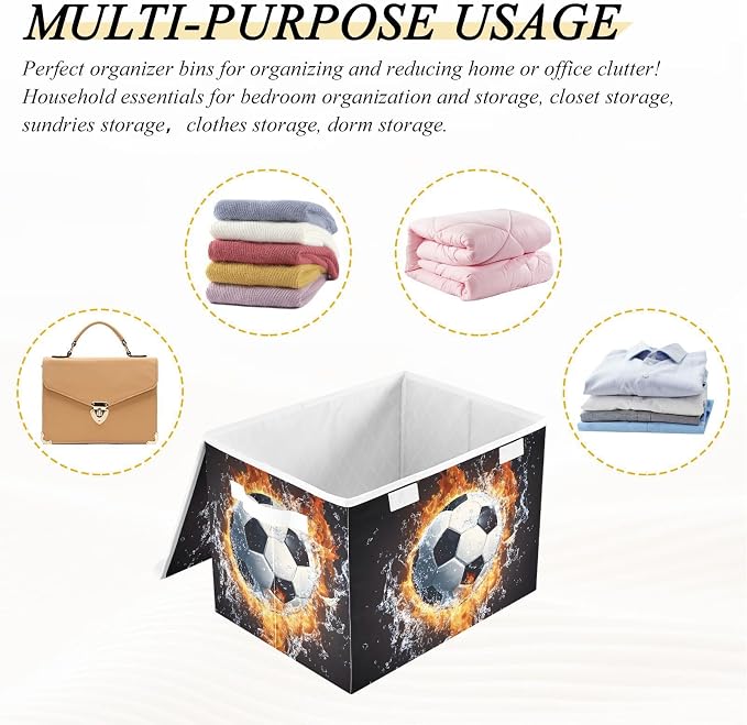 Soccer Fire Storage Bins with Lid Foldable Storage Boxes 40L Baskets | Decorative Storage Boxes, Dust-Proof Flip Top, Reinforced Handles, For Home & Bedroom, Clothes & Toy Box, Oxford Fabric Print