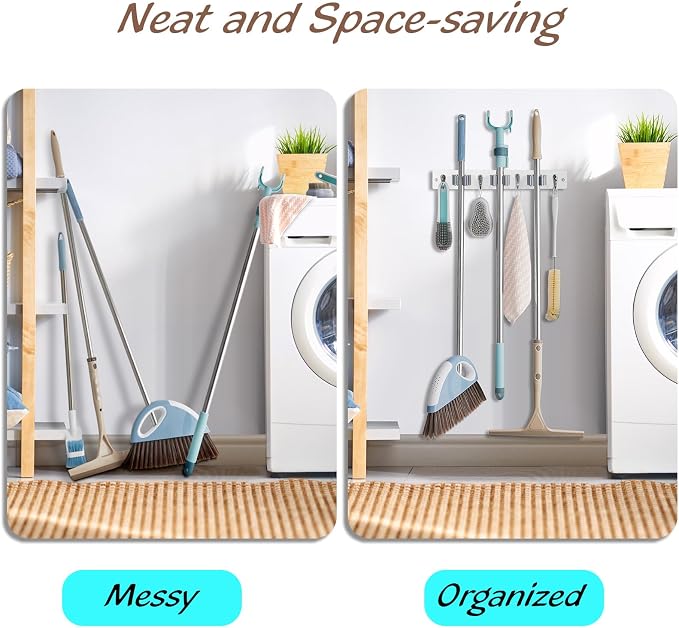 OUTNILI White Mop Broom Holder Wall Mount with 3 Slots & 4 Hooks - Wood Broom Mop Hanger for Pantry Kitchen Organization - Garden Tool Organizer for Closet Laundry Room