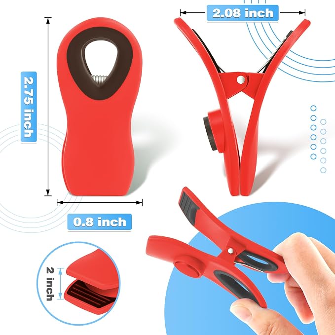 12 Pack Chip Clips, Bag Clips for Food, Magnetic Sealers for Chips and Other Food, Plastic Bag Clip for Kitchen, Fridge, Clothes, Sewing and Artwork (Red)