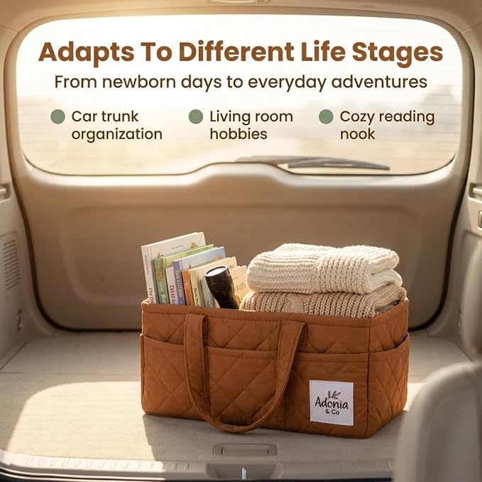 Adonia & Co Diaper Caddy Organizer – Baby Essentials Organizer, Large Nursery Storage Basket with Removable Divider, 8 Exterior Pockets, Portable, Machine Washable, Structured Design, Brown