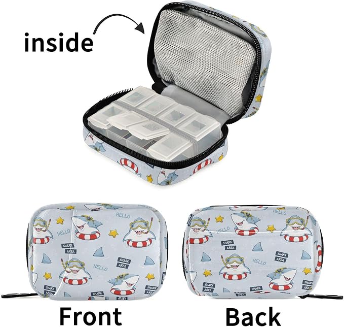 Fustylead Cute Shark Pill Organizer Travel Portable Zipper Cloth Bag for Holding Weekly Supplements Vitamins and Fish Oils