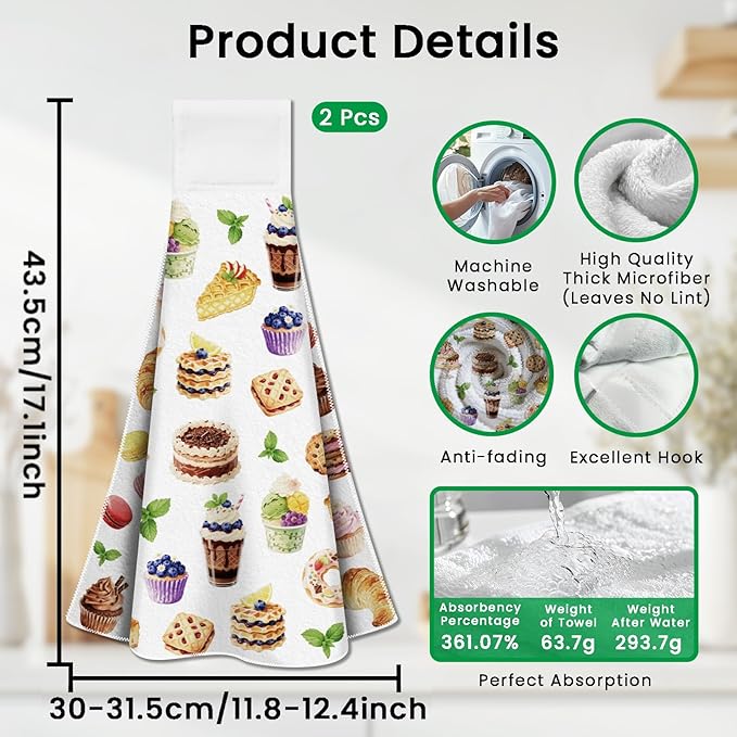 CUTHOLLOW Baking Desserts Cakes Hanging Kitchen Towels with Loop, Set of 2 - Soft & Super Absorbent Microfiber Decorative Hanging Dish & Hand Towel, Tea, Coffee Towel for Kitchen Bathroom Oven Handle