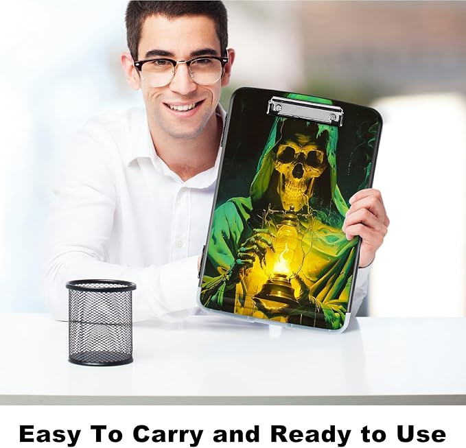 Green Skull Flame A4 Clipboard with Storage Pen Holder, Clipboards Organizer Nursing Clipboard Foldable File Folder Plastic Clipboard Folio Clip Board for Office Students Classroom Doctor