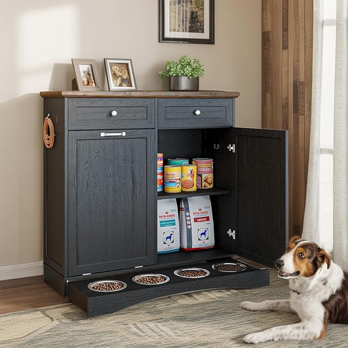 Double Door Dog Feeding Station with Storage, 10 Gallons Tilt Out Trash Can Cabinet, Dog Food Cabinet with Dog Bowls, Pet Organizer Cabinet for Kitchen/Living Room (Black, Double Door)