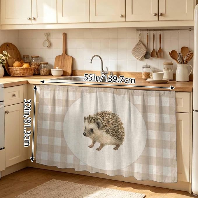 Hedgehog Sink Skirt for Bathroom, Self-Adhesive Under Sink Curtain, Vintage Farmhouse Linen Plaid Rustic Animal Hide Pipes & Storage Fabric Cabinet Skirt Cover for Kitchen Laundry 32"x55"