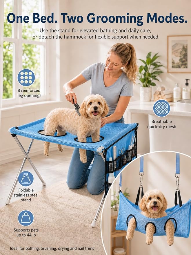 2-in-1 Foldable Pet Grooming Bed Dog Washing Grooming Table for Bathing | Portable Dog Wash Hammock Sling with Stand 44lbs Capacity Multifunctional Holder for Daily Bathing Nail Trimming Travel
