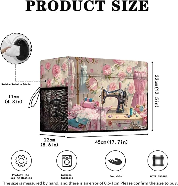 Sewing Element Sewing Machine Cover with Storage Pockets,Dust & Pet Hair Protection,Fits Standard Singer, Brother and Janome Machines, Protecting & Decorating Your Sewing Space (Pink)