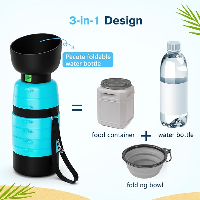 Pecute Dog Water Bottle Portable 22 oz with 5 oz Food Container, Poop Bag Holder, Portable Dog Water Bottle Dispenser, Leakproof, Lightweight, Pet Water Bottle for Dogs Outdoor Travel Walking | Portable, Lightweight, Leakproof BPA Free for hiking, camp...