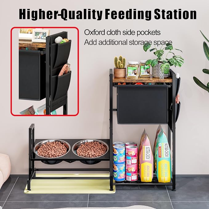 INGIORDAR Dog Bowls Elevated 3 Height Adjustable Feeding Station Storage | Metal Pet Food Feeder Dish Station Non-Slip Dog Bowl Stand Stainless Steel Food Water Bowl for Medium Large Small Dogs
