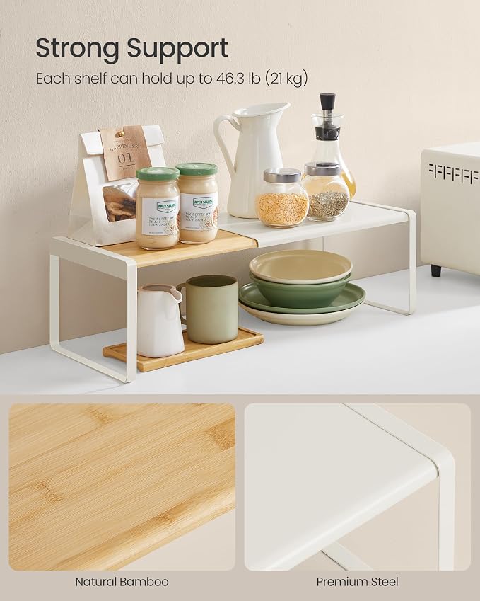 SONGMICS HOME Spice Rack, Expandable Cupboard Shelf Orgnizer,Bamboo | Kitchen Counter Shelves, Bamboo and Metal, Stackable, Natural Beige and Cream White, BYSTRO Collection UKCS051N01