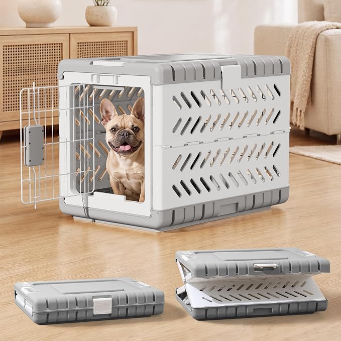 28" L Travel Dog Crate -Collapsible Dog Crate for Medium/Small Dogs, No Tools Required with Space Saving Design,Portable Foldable Dog Carrier with 2 Smooth Wheels,Handles for Easy Moving,Grey
