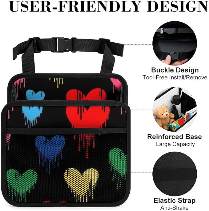 Travel Organizer Pouch for Car Backseat Hanging Storage Pocket, Colorful | Love Heart Graffiti, Auto Trash Can with Adjustable Strap Interior Accessories, Universal Fit Front Back Headrest