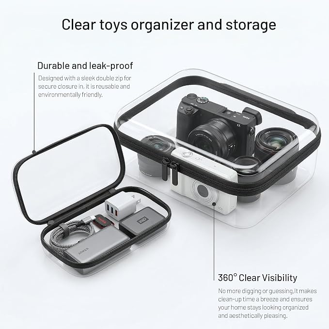 Clear Hard Shell Organizer Cases, 3 Pack with Handle | Durable PET shell with water-resistant, scratch-resistant surface for travel, toiletries, electronics and toys