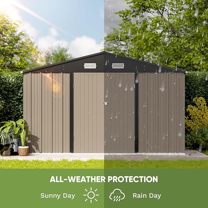 Patiowell 10 x 8 FT Outdoor Storage Shed, Large Garden Tool Metal Shed | with Sloping Roof and Double Lockable Door, Outdoor Shed for Backyard Garden Patio Lawn, Brown