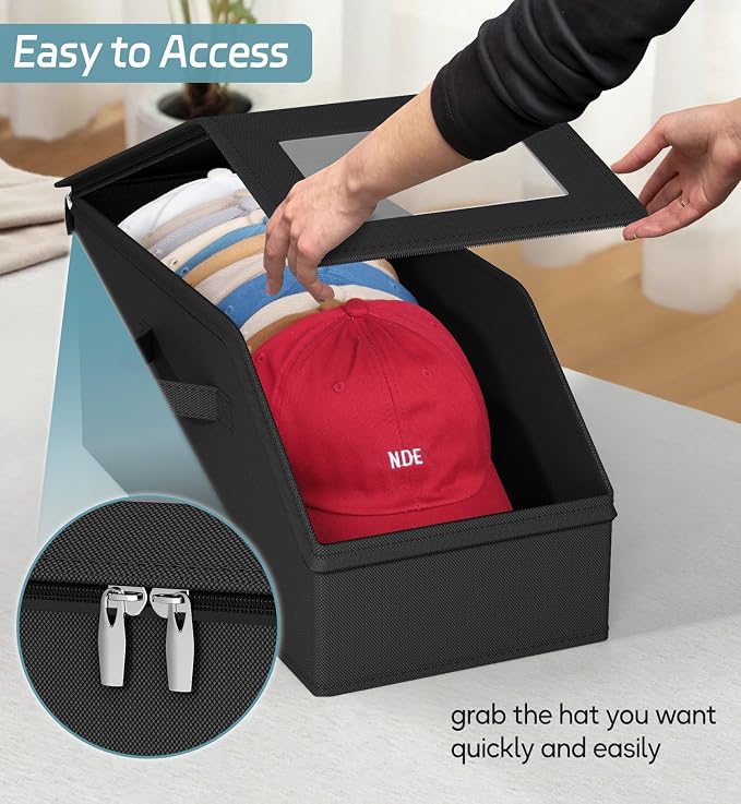 AOODA 2 PCS Stackable Hat Storage for Baseball Caps, Holds up to 24 Caps Hat Organizer for Closet, Sturdy Snapback Boxes for Men with Cardboard (Pure Black)