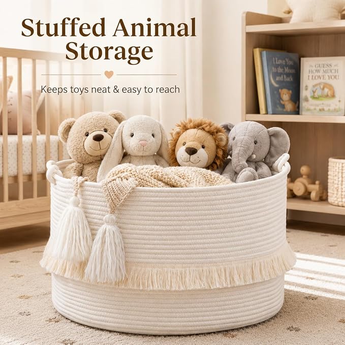 KAKAMAY Large Blanket Basket (20"x13"),Woven Baskets for storage Baby Laundry Hamper, Cotton Rope Blanket Basket for Living Room, Laundry, Nursery, Pillows, Baby Toy chest (White) | Extra Large Capacity,Blanket Storage | Laundry Basket | Natural Cotton...