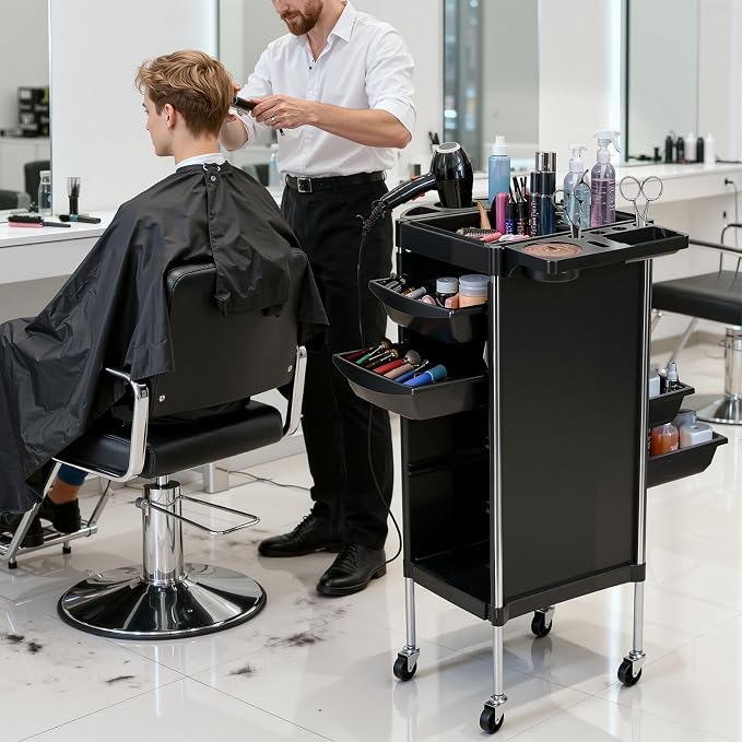 Salon Trolley Cart, 6-Layer Hair Stylist Cart with Wheels,Portable Salon Station Rolling Storage Trolley with Worktop Trays for Barbering or Hairstyling Beauty SPA Tattoo Service (Black)